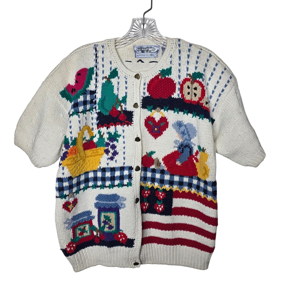 Signatures Northern Isles Hand Knit Fruit Americana Cardigan Sweater PM NWT